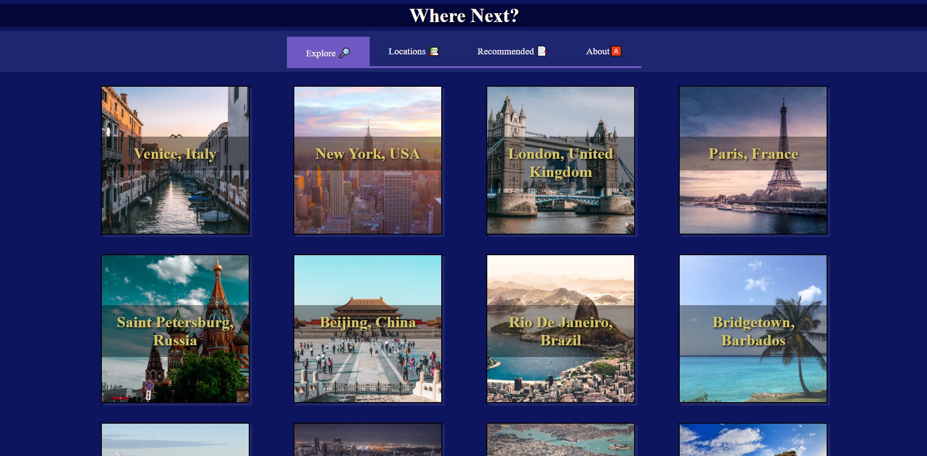 Where Next? website landing page